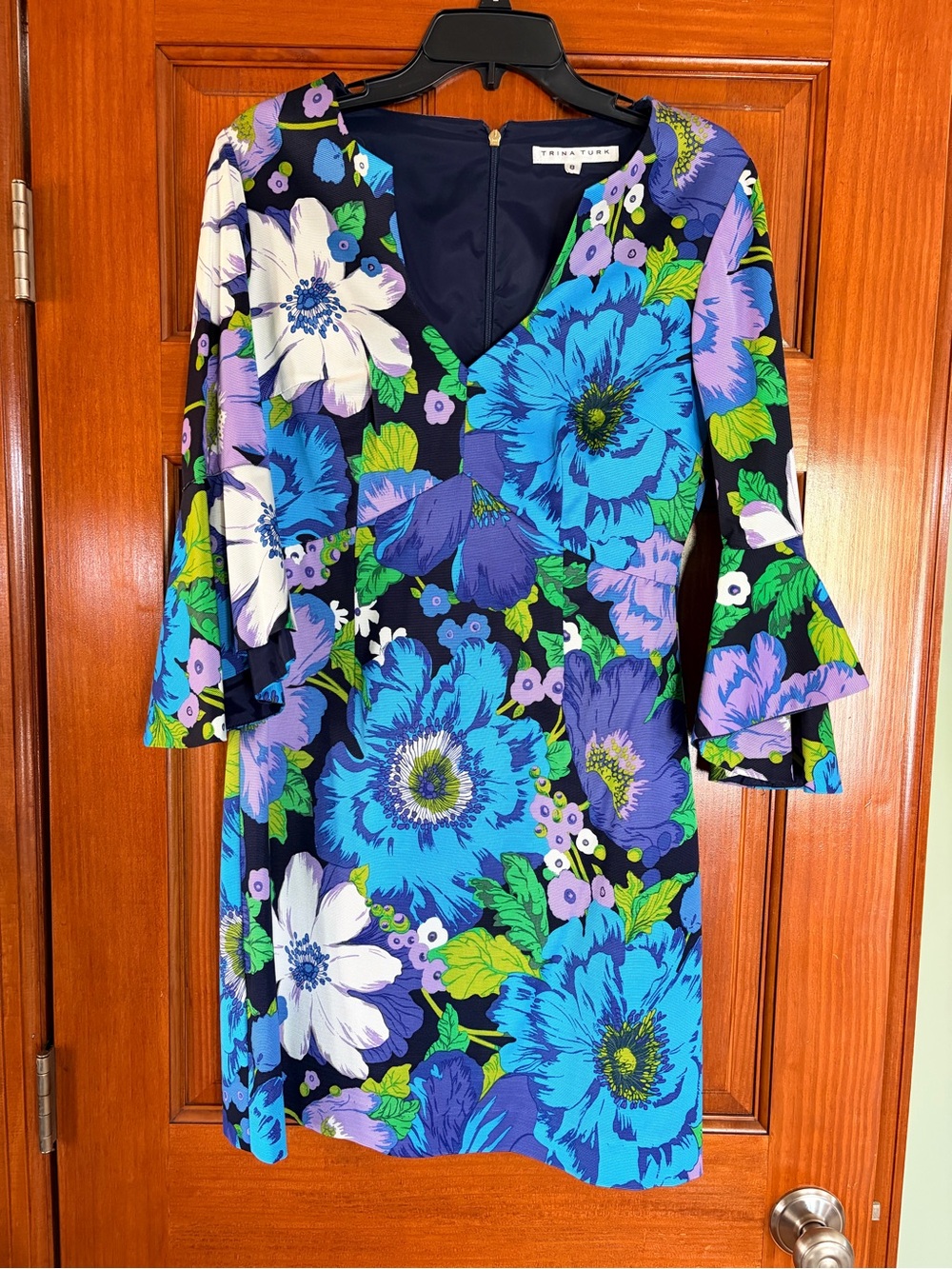 Trina Turk Navy Floral V-Neck Mini Dress with Blue & Green Blooms